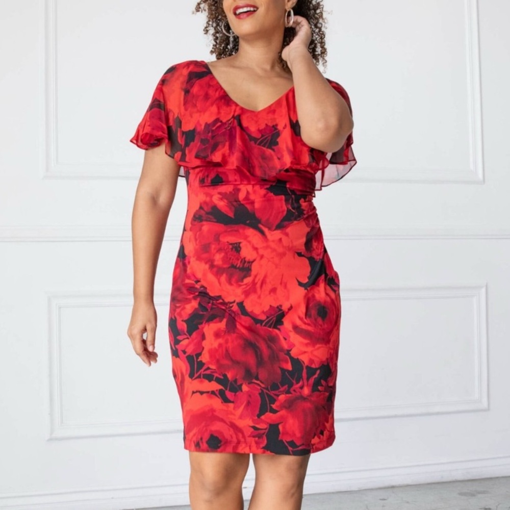 Connected Apparel Red and Black Floral Mini Dress